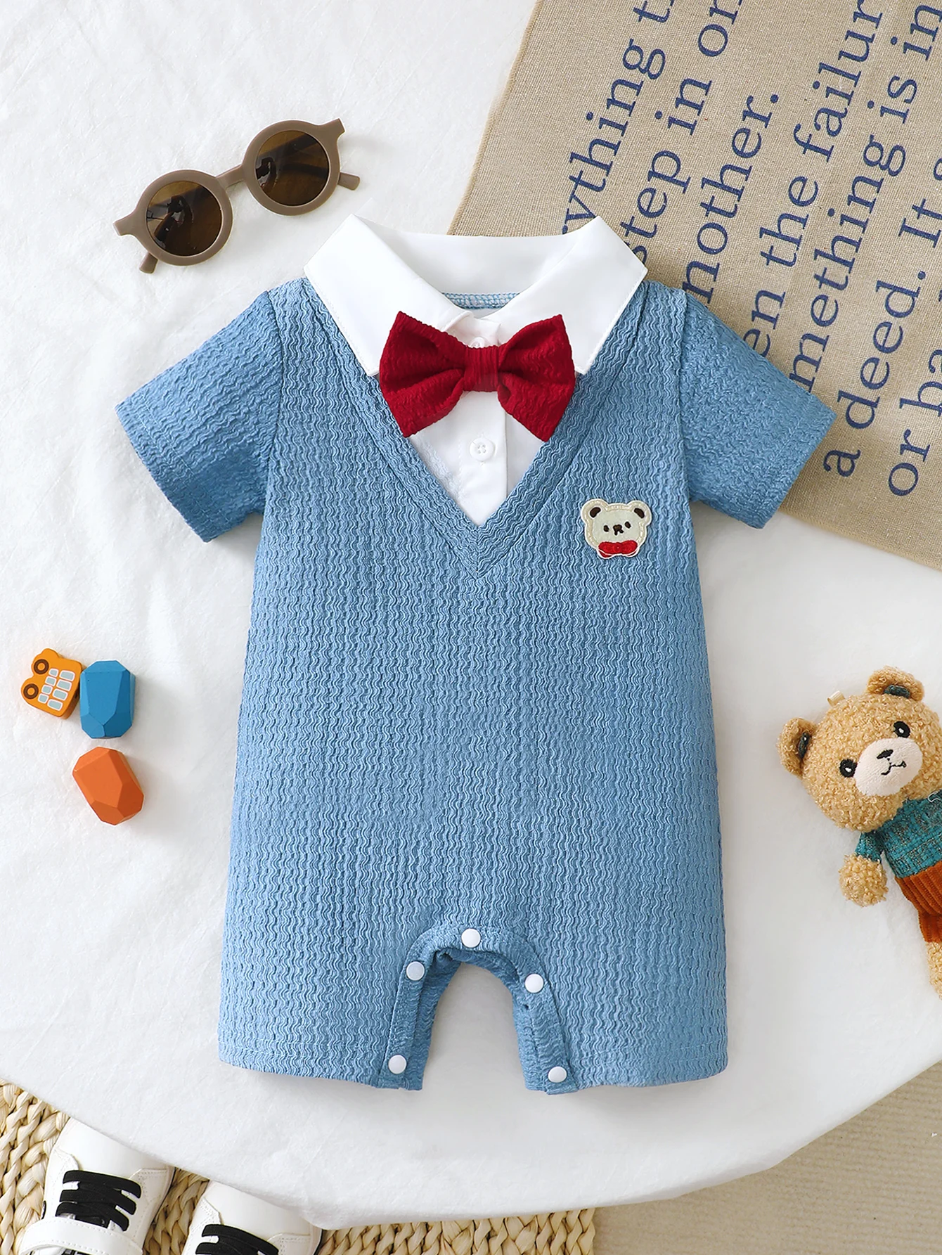 

Summer 0-1 Years Old Infant Baby Boys Short Sleeved Waffle Fabric Bow Shirt Collar Jumpsuit