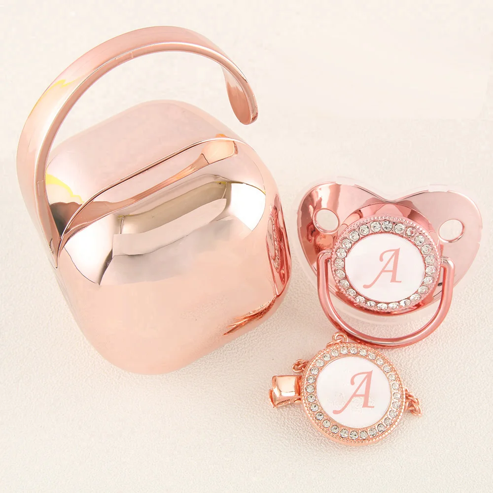 Fashion Name Initial Soothing Pacifier Box Set Pink Rose Gold Princess Baby Newborn Gift