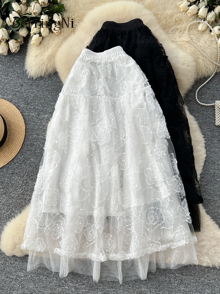 

Beiyingni Fairy White Black A-line Skirts for Women Heavy Industry Embroidery Mesh Midi Skirt Female Korean Chic Lining Fladas