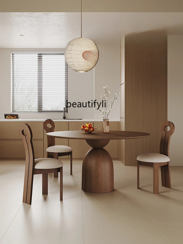 

French high-end all solid wood round dining table and chair combination new walnut color ribbon turntable round table