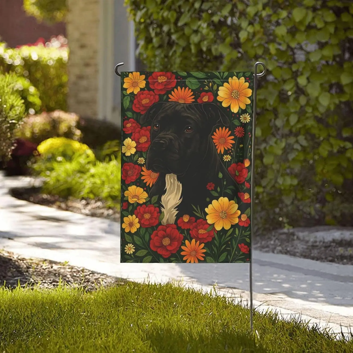 Black Pitbull In Pretty Garden Garden Flag Small Yard Flags For Outside, Christmas Easter Valentine'S Day Outdoor Decor, ZZM