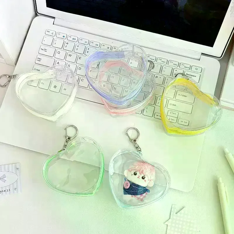 Colorful Heart Transparent Zipper PVC Storage Bag Kaychain Plush Dolls Protector Case Earphone Data Wire Coin Pouch Portable
