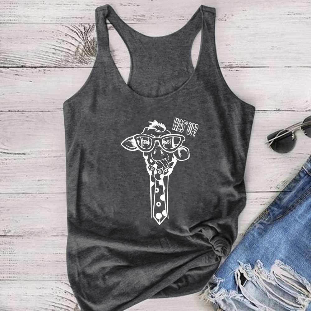 Women Sleeveless Funny O Neck Vest Tops Graphic  for  Fashion Giraffe with Glasses Was' Up Print Tank Top