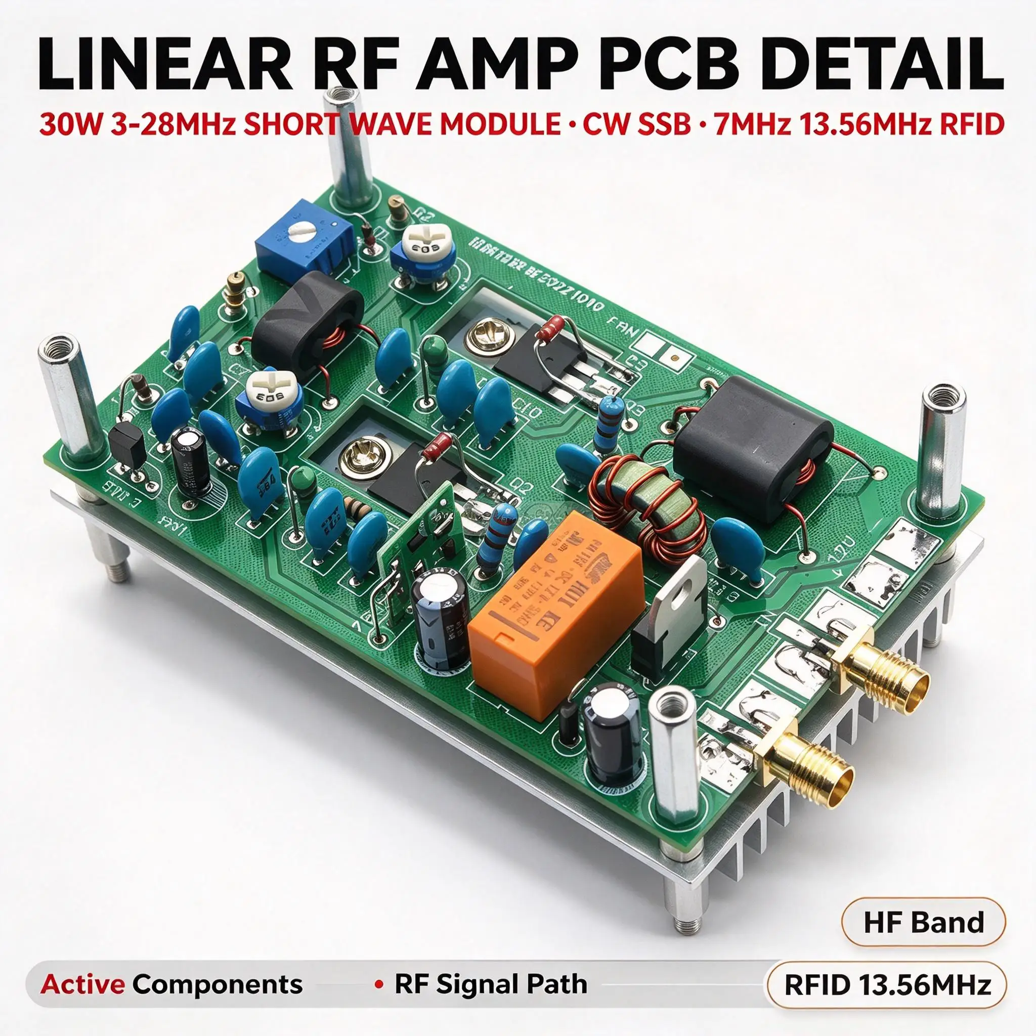 DYKB 3-28MHz HF Shortwave Power Amplifier Board 30W CW SSB Linear For Ham Radio QRP Transmitter 12-13.8V 6A Fan Not Included