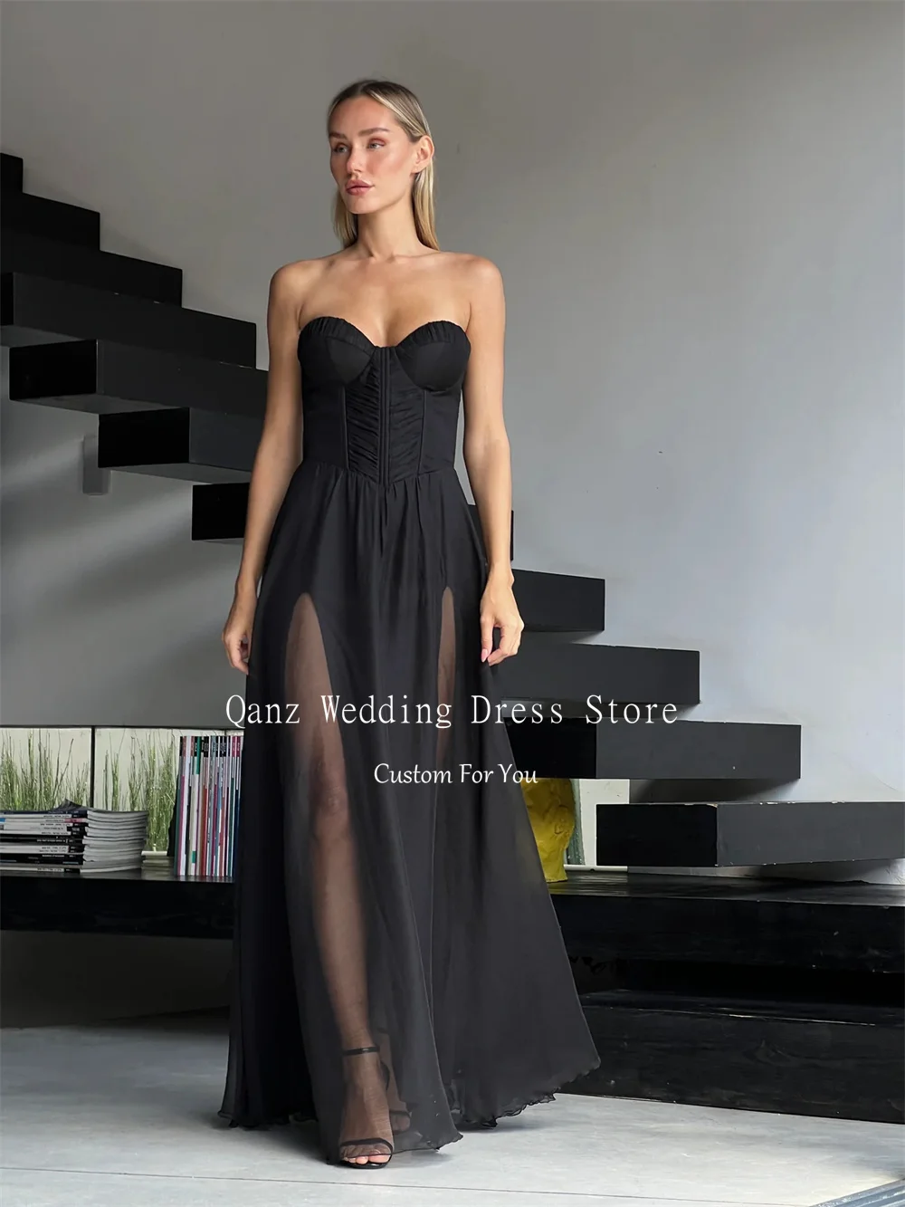 Qanz Black Illusion Evening Dresses Sweetheart Chiffon Vestidos De Fiesta Lace Up Back Tobe Soiree élégante Dubai Customized