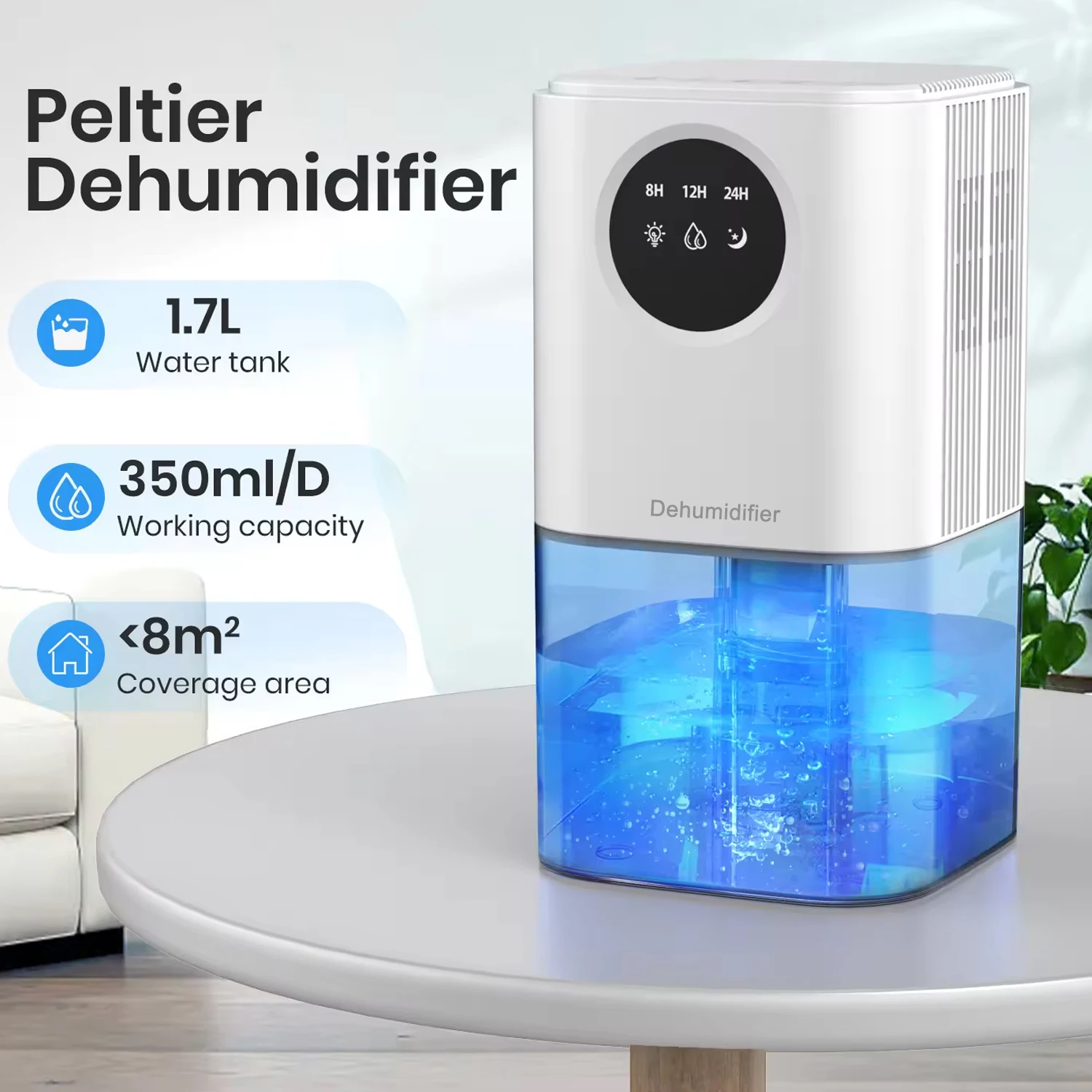 1pc White Dehumidifiers for Home, 1700ML Smart Dehumidifiers with 7 Color LED Light, 8/12/24H Timer, 44dB Ultra-Quiet, Energy