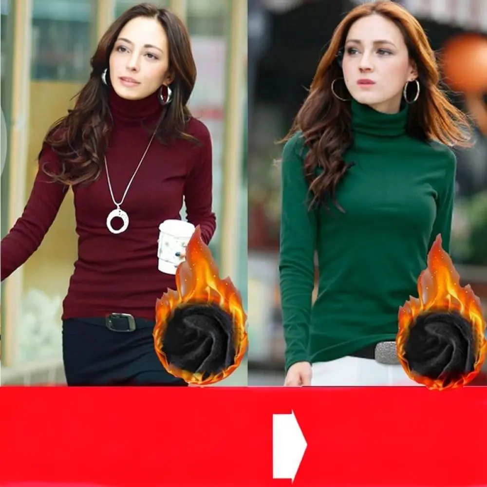 Women Winter Warm Thermal T Shirt Long Sleeve Turtleneck Base Layer Slim Fit Solid Color Soft Velvet Lining Pullover Top