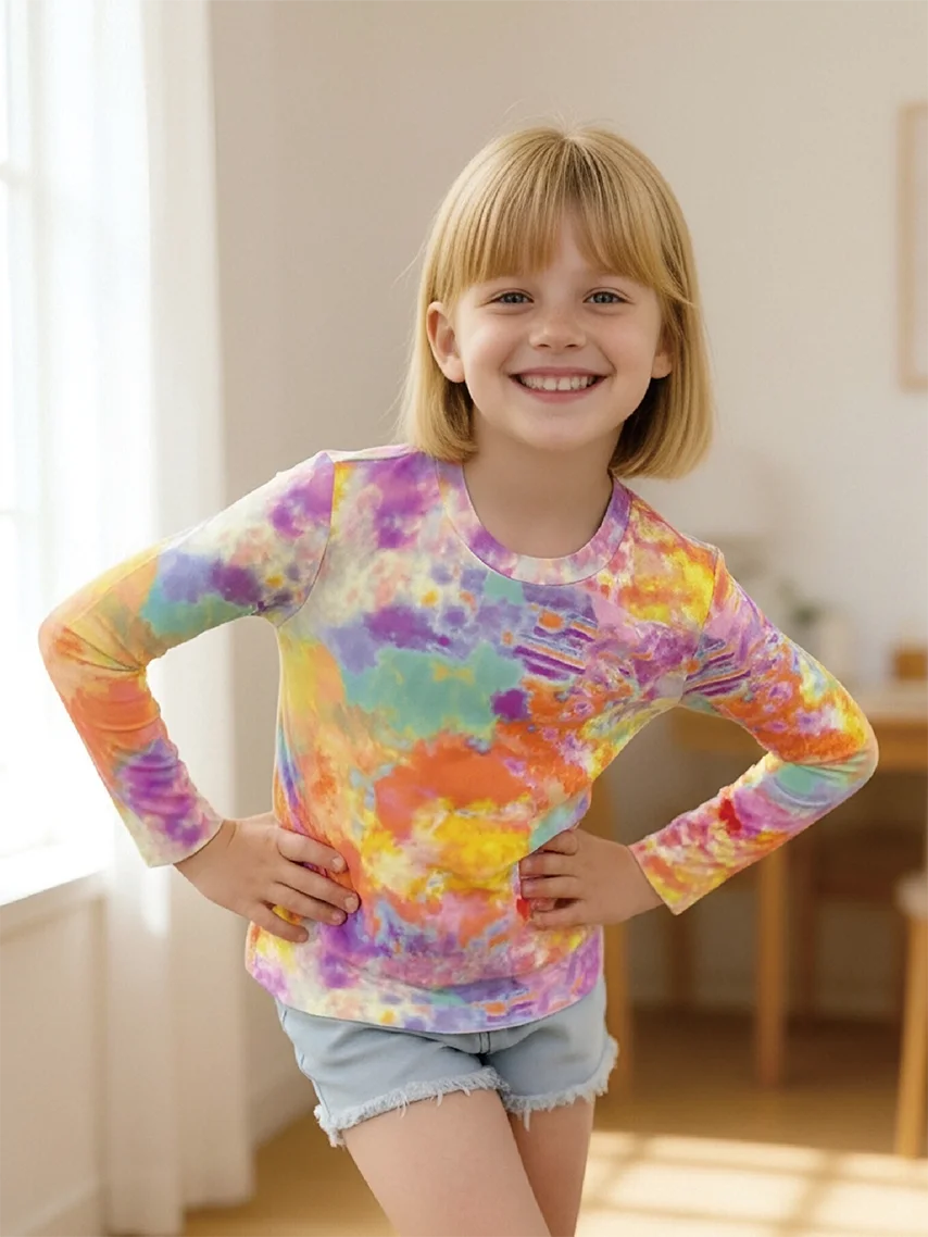 2026 New Girls' Rainbow Tie-dye Long Sleeve T-Shirt Colorful Graffiti Short Sleeves
