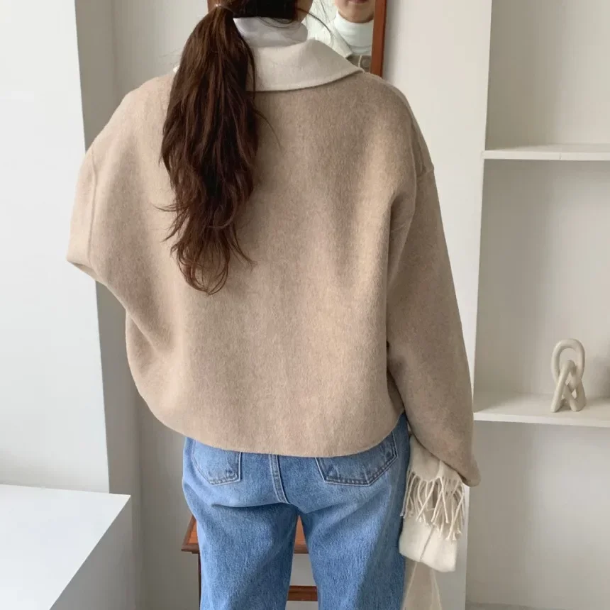 Basic Short Wool Coat Women Sweet Peter Pan Collar Loose Oversize Woolen Jackets Contrast Color Bomber Jacket 2024 Autumn New