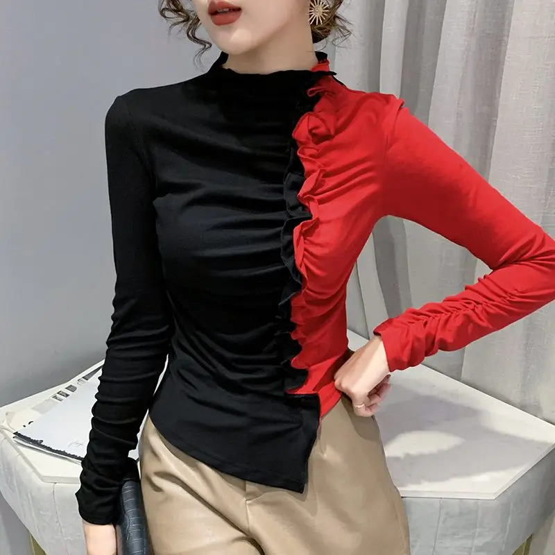 

Autumn Winter New Fashion Half High Collar Long Sleeve T-Shirts Women's Clothing Patchwork Pullovers Contrast Color Pleated Tops