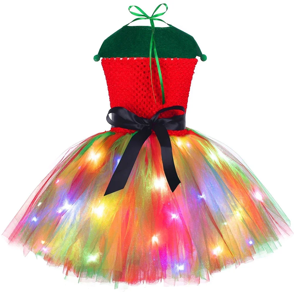 فستان عيد الميلاد توتو أحمر أخضر تول فستان الأميرة قزم زي للفتيات مصباح ليد حتى للفتيات السنة الجديدة حفلة عيد الميلاد الزي #4