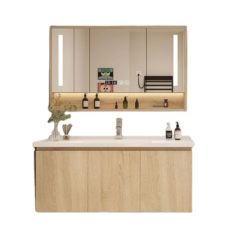 Conjunto de combinação de armário de banheiro estilo log de luxo simples e leve, pia de banheiro integrada de cerâmica