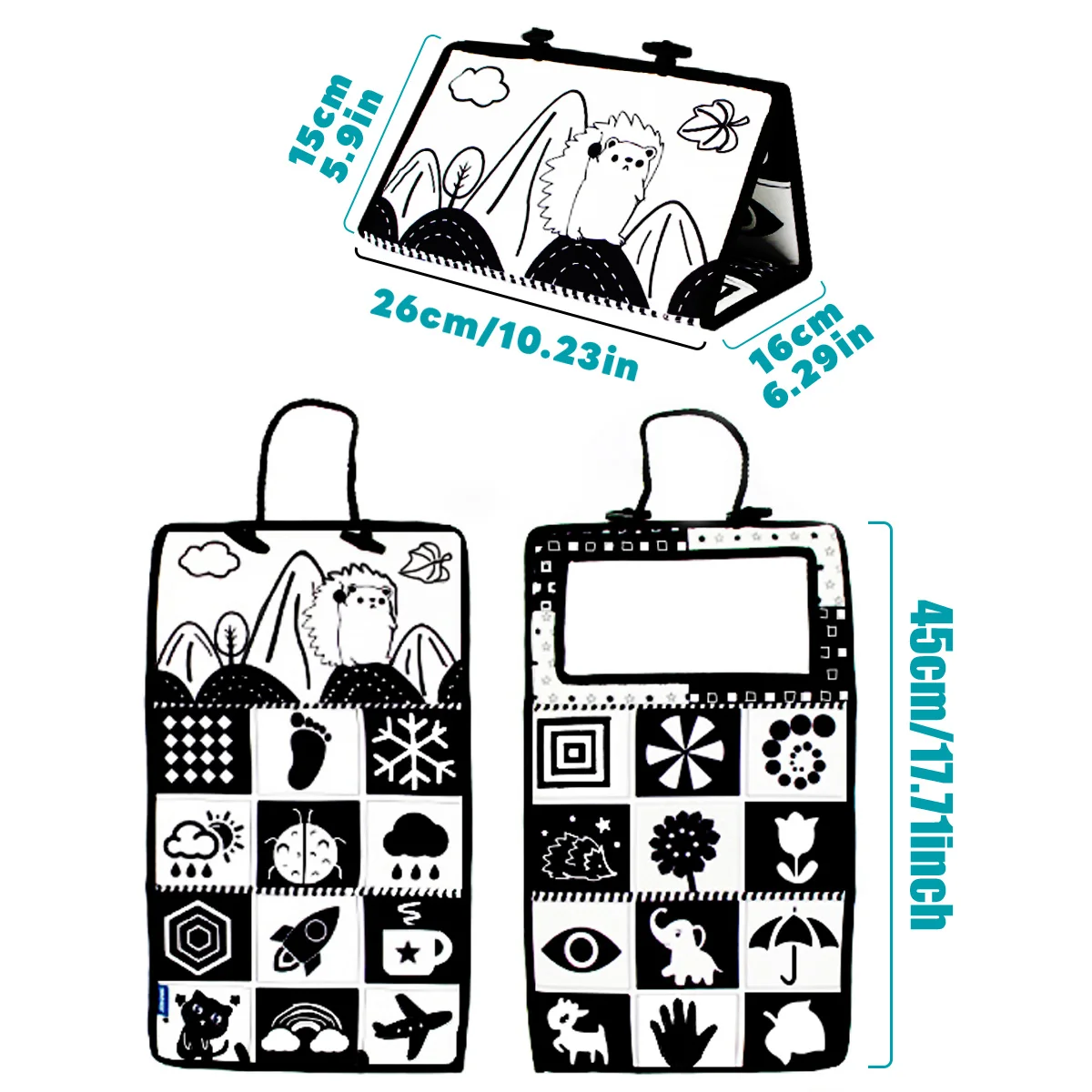 Libro in stoffa a specchio bianco e nero per bambini, giocattolo pieghevole per libri in stoffa con specchio sospeso, specchio per il tempo della pancia, specchio per il tempo prolungato