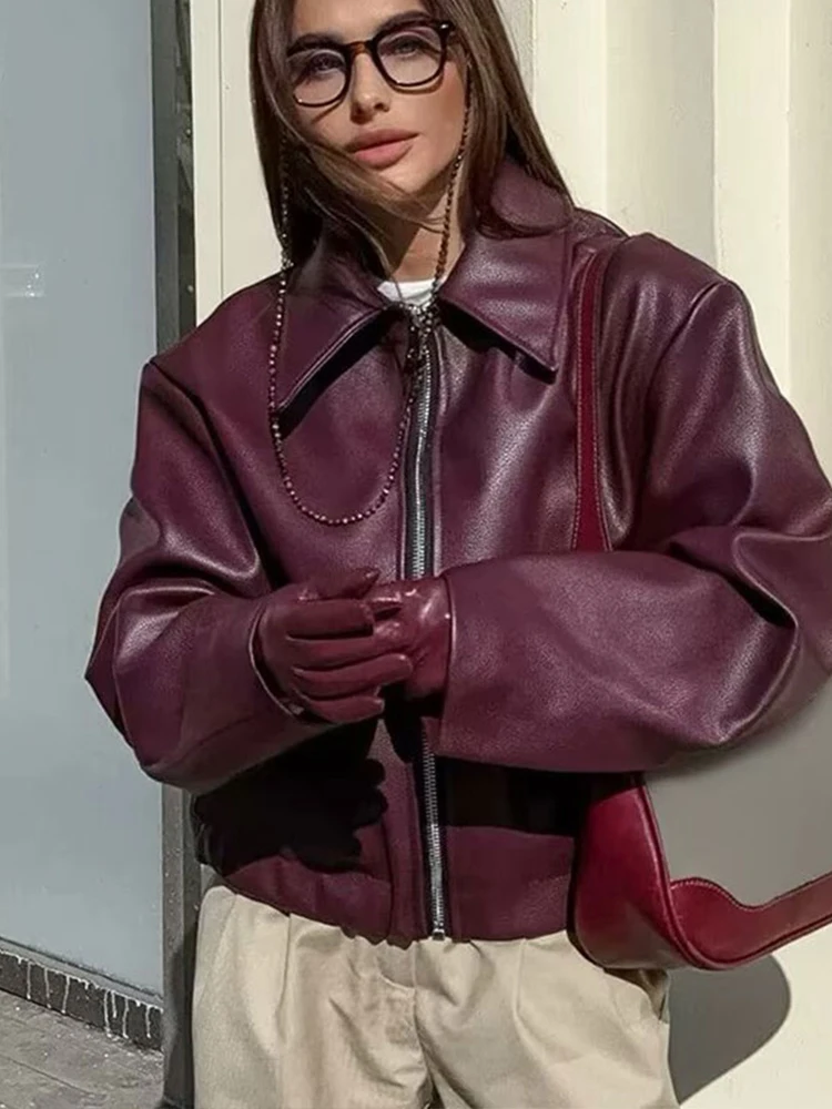 

HH 2024, винтажная женская куртка из искусственной кожи с длинными рукавами и отложным воротником, карманами, женские пальто на молнии, женская уличная одежда