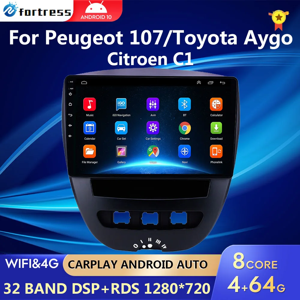 Android 10 2 Din Car Multimedia Player For Peugeot 107 Toyota Aygo Citroen C1 2005-2014 Head Unit Stereo GPS Navigation BT WIFI