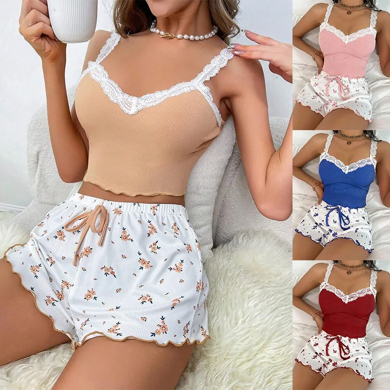 Night Wear Women Sexy Lace Suspender Shorts Set Printed with a Comfy Stretch Sleeveless Large Pyjama Fancy Sleepwear 2PCS/Set