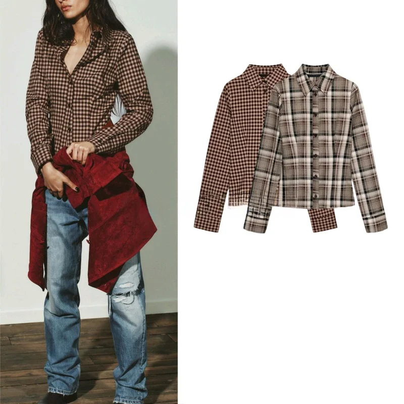 Autumn New Women's Casual Plaid Long Sve Turn-down Collar Slim-fit irt Comfortable Breathable Polyester Fiber Resistant ...