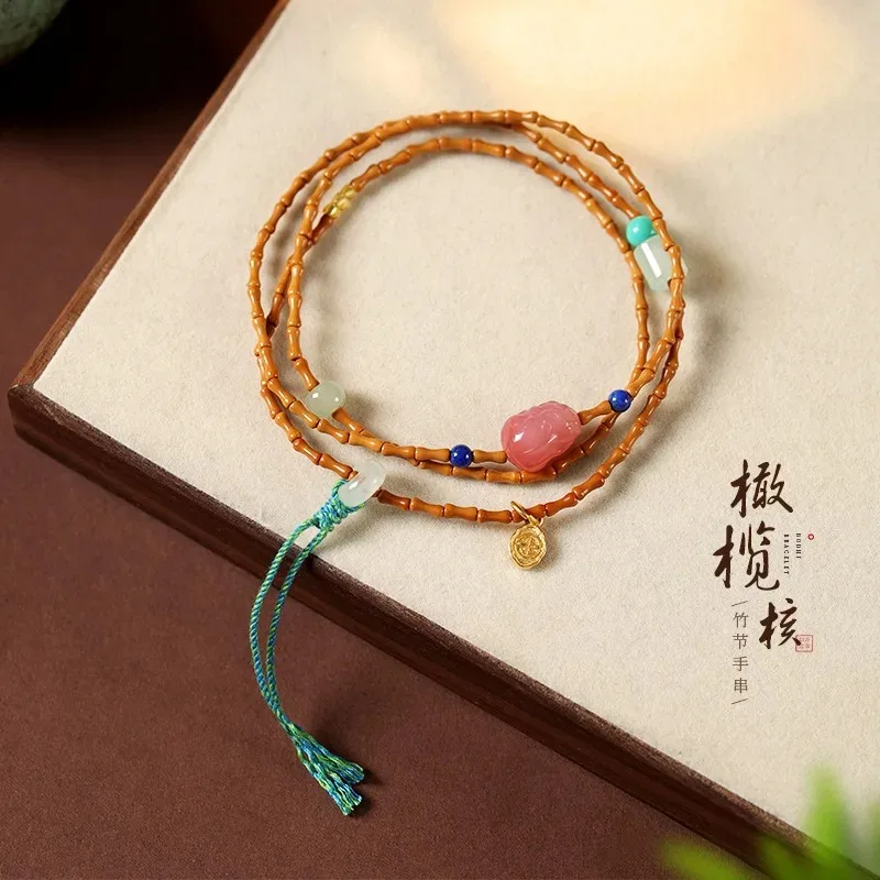 New Chinese-style Olive Pit Bamboo Joint Bracelet, Yanyuan Agate Cultural Play Multi-loop Bracelet, National Style Long Necklace