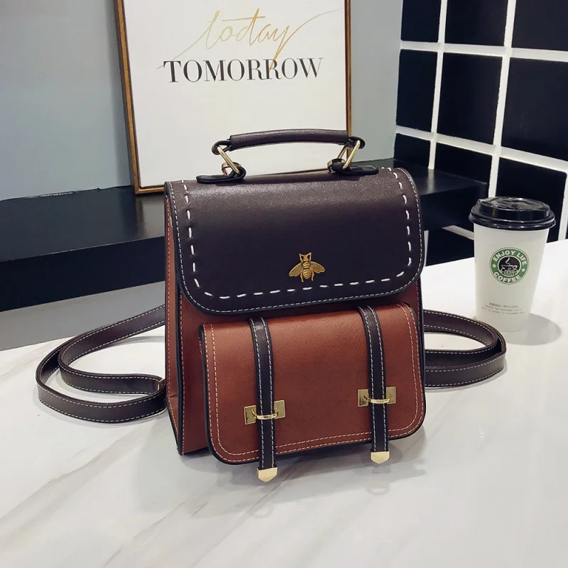 Women Vintage Bee Embellished Backpack Contrast Color Satchel Multi‑Way Convertible Shoulder Crossbody Handbag