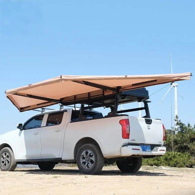 EM Four Wheel Drive Adventure Car Awning, 180 Degree Rooftop Aluminum Side Shelter Tent With Built-in LED Light