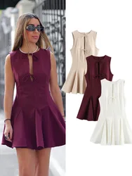 HH Wavy Wide Hem Retro Bow Decorated Dresses Solid Sleeveless Casual O Neck Hollow Dresses 2025 Spring Fashion Partywear