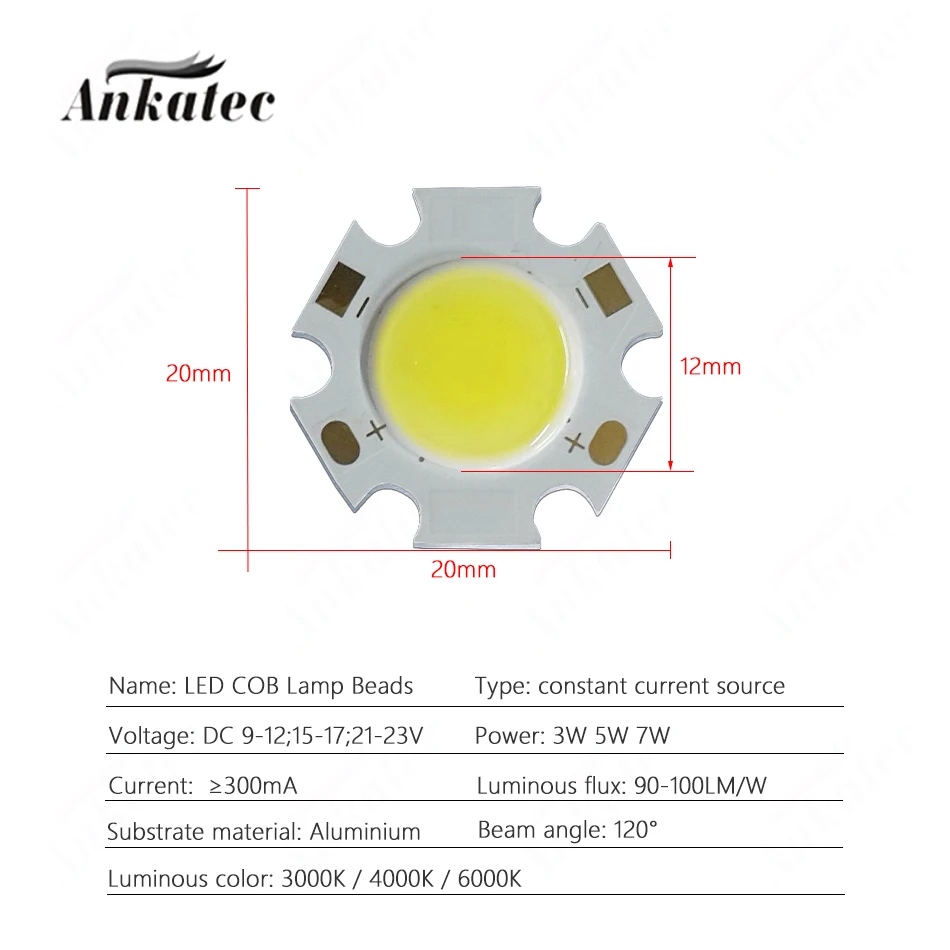 300mA COB LED Neutral Warm White 3W 5W 7W 10W 12W Aluminum 20mm Circular Diameter 11mm Light Source Chip for Downlight Spotlight