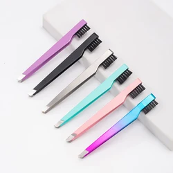 2 in 1 Fashion Eyebrow Tweezer with Eyebrow Brush Comb Stainless Steel Eyelashes Extension Tweezers Double Eyelids Pinzette Clip