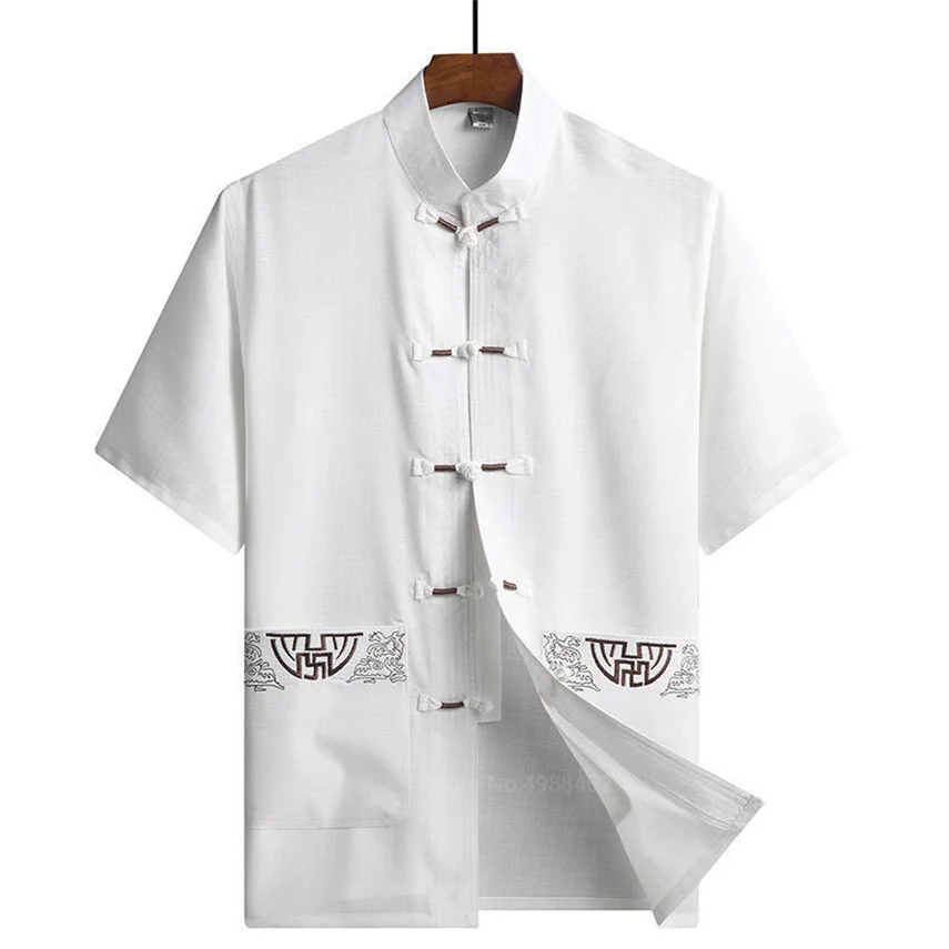 Traditional Chinese Clothing Set For Men Adult Tai Chi Kung Fu Uniforms Linen Short Sleeve Embroidery Casual Chinese Costumes