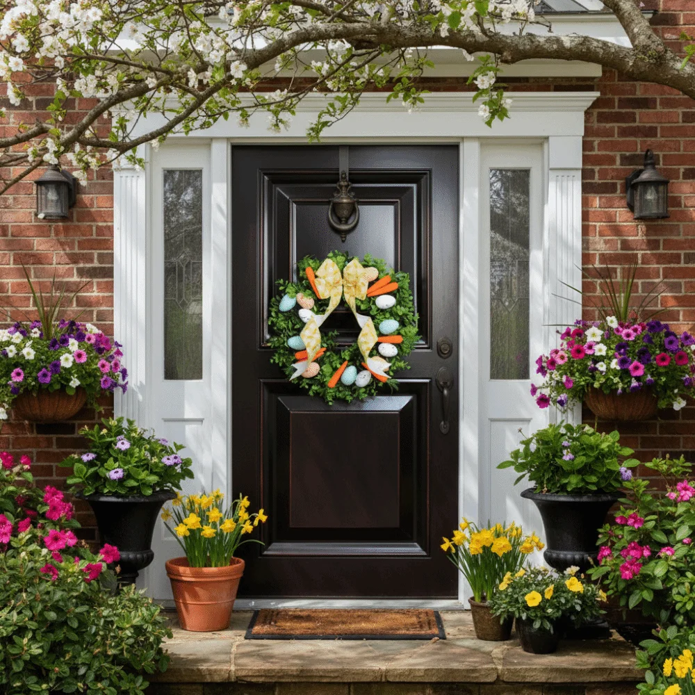 Colorful Eggs Easter Wreath Carrots Design Handmade Front Gate Wreath Vibrant Colors Decorative Front Door Hanging Garlands