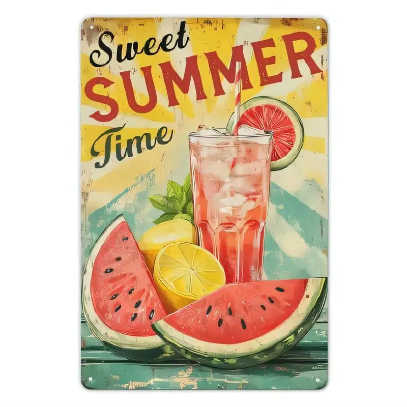 Vintage Metal Tin Sign, Retro Sweet Summer Time (Watermelon, Lemon, Iced Drink) Iron Wall Art - 2D Flat Colorful Decor for Cafes