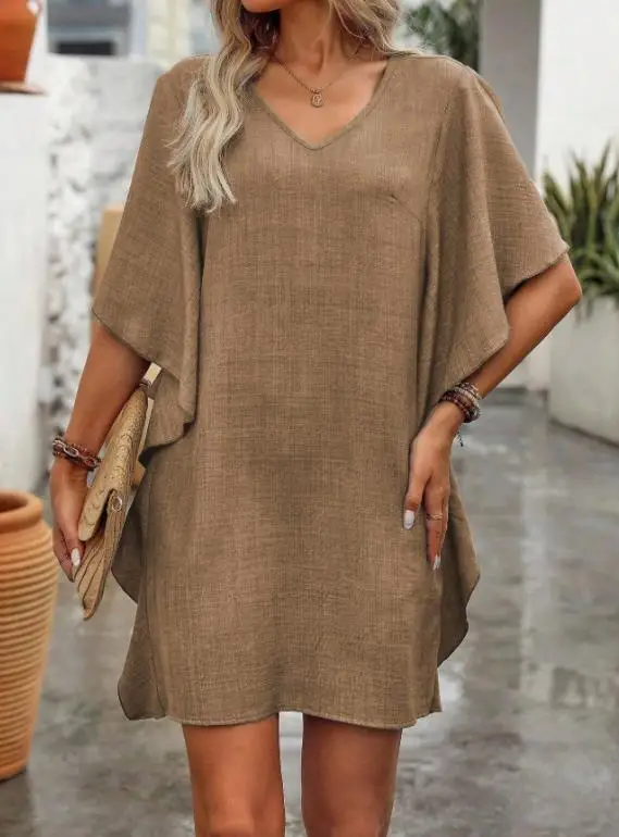 

Women's Dress Summer New Elegant Temperament Personalized Design Sense Solid Color V-Neck Ruffle Edge Bat Sleeve Loose Dress