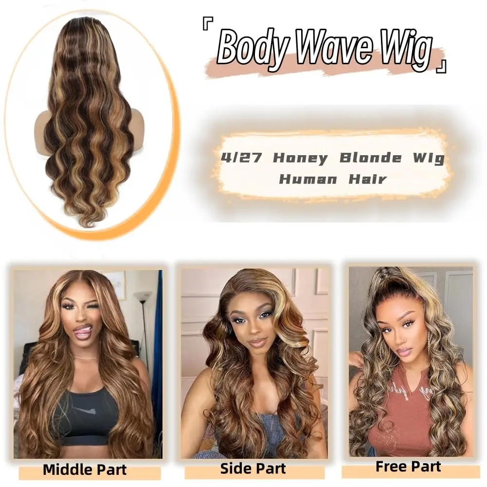 Destaque peruca de cabelo humano onda do corpo perucas frontais coloridas 13x4 peruca frontal do laço p4/27 ombre mel loiro frente do laço cabelo humano