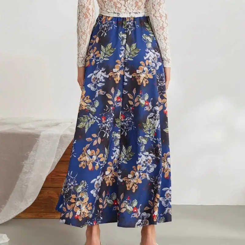 تنورة نسائية متوسطة الطول على شكل حرف A مع كيت مزدوجة وطبعة زهور وخصر مطاطي، تنورة صيفية غير رسمية للحديقة