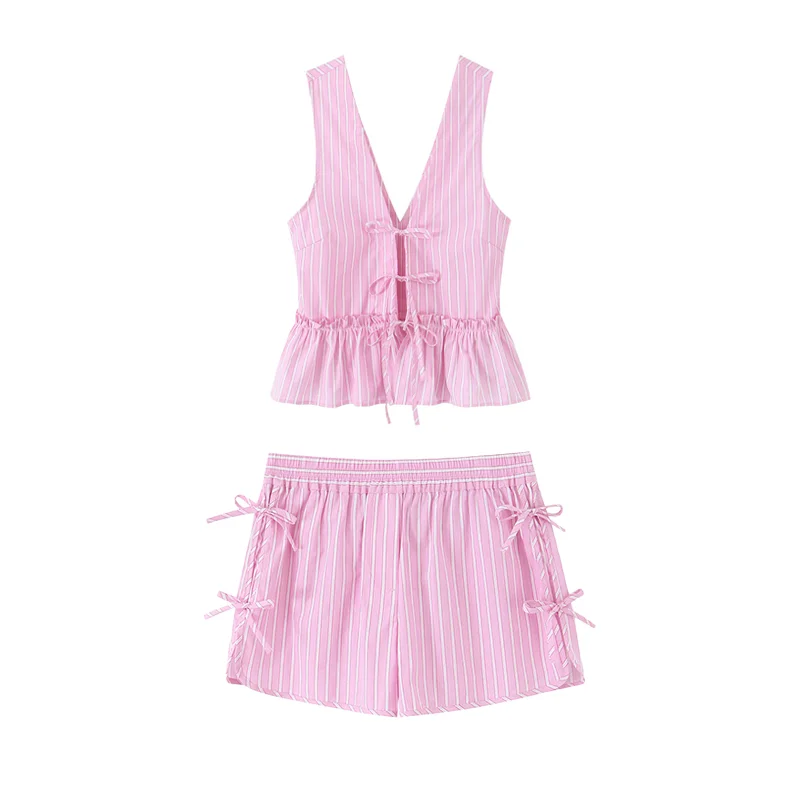 

Сладкий розовый полосатый комплект из 2 предметов для женщин: летний топ без рукавов с завязками и шорты с бантом, повседневный пляжный наряд для отпуска