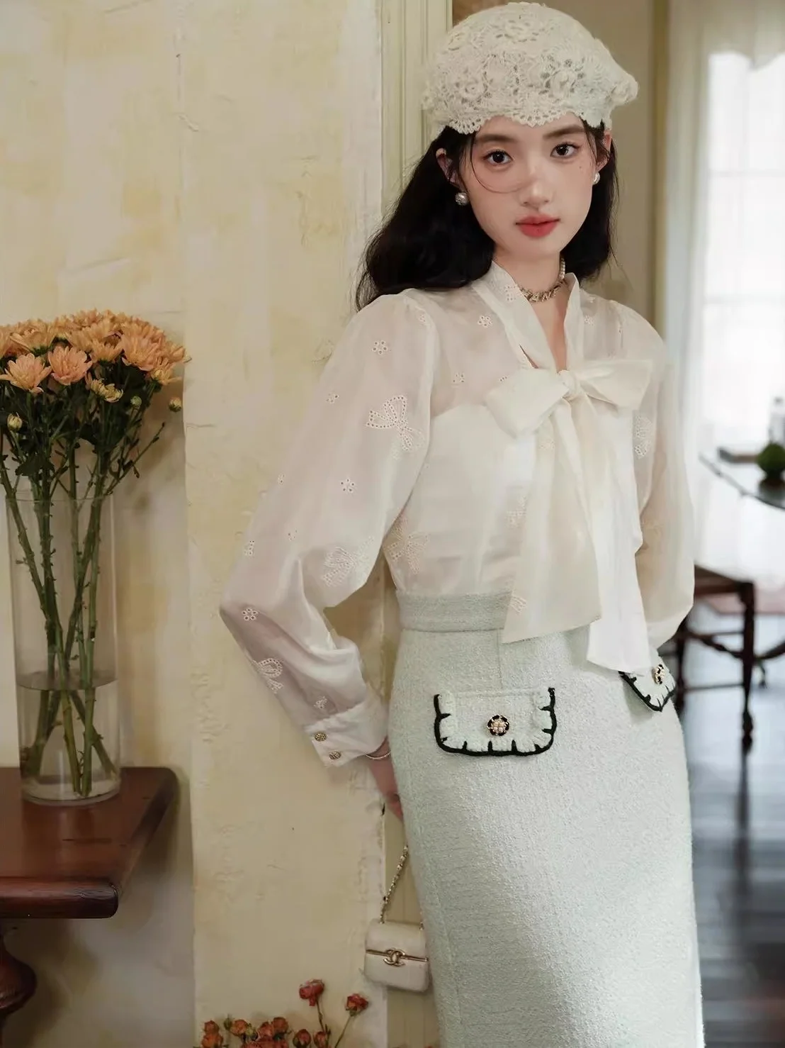 

Белая вышитая блузка с узлом Ele для женщин, модный топ для ранней осени, прямой крой, французский стиль, длинный рукав