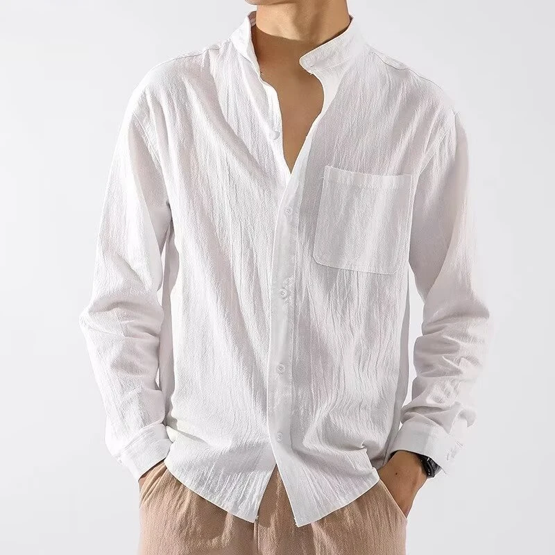 

Men Business Casual Shirt Male Linen Cotton Solid Color Long Sleeve Stand Up Collar Button Pocket Casual Loose Shirt Tops M-5XL