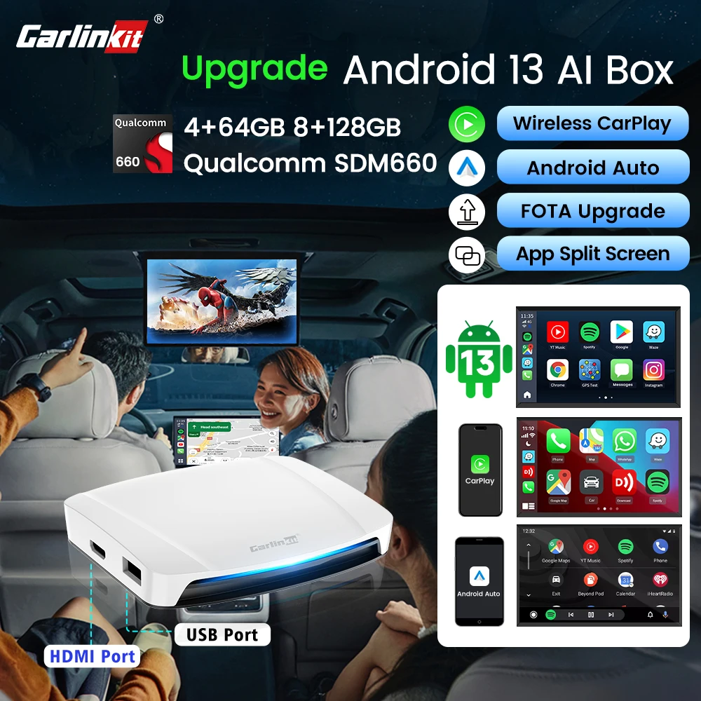 128G Carlinkit UHD Wireless Carplay Android HDMI Output Carplay Ai Box Android 13 4K Car Video Split Screen Qualcomm 8cores Fota