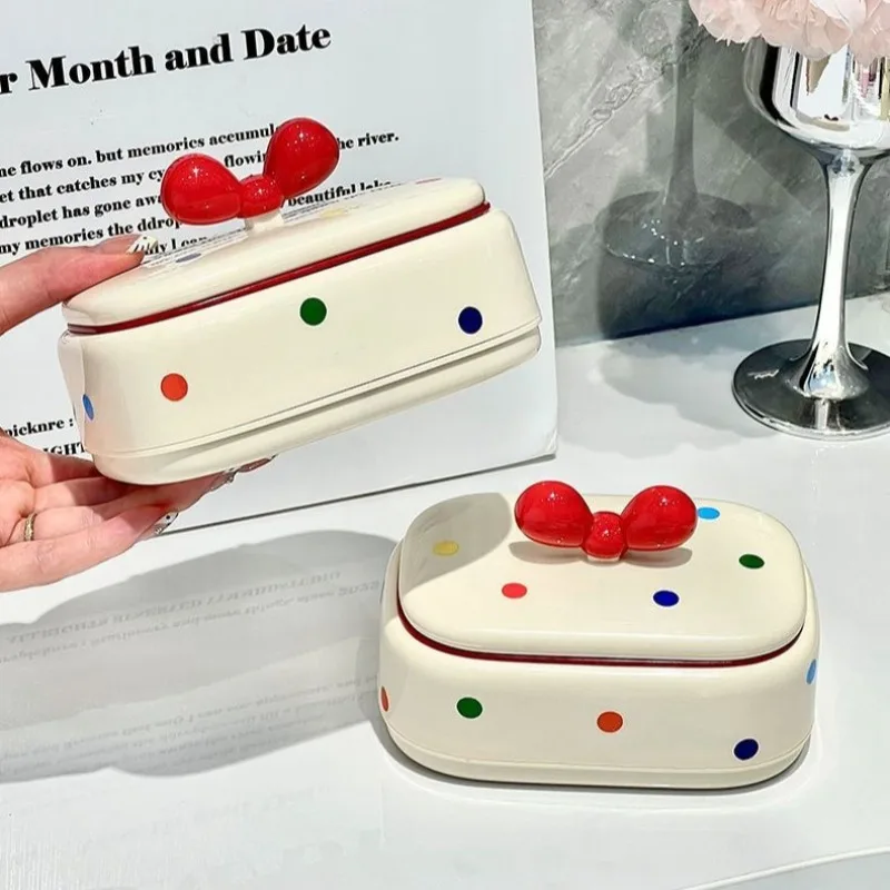 1pcs Cute Bowknot Polka Dot Soap Box with Lid Creative Plastic Soap Dish for Bathroom Countertop Home Decorative Soap Holder
