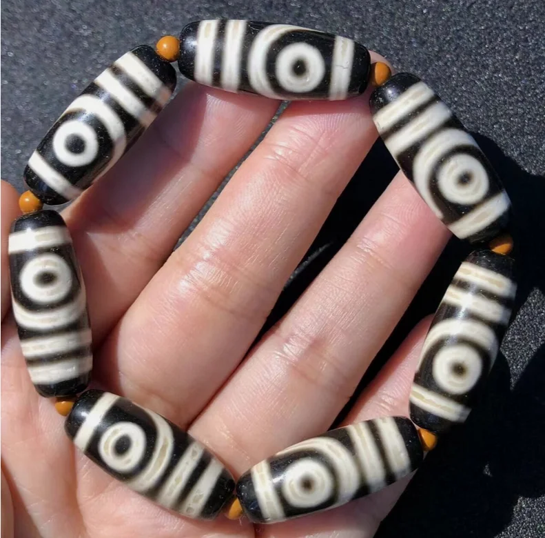 Magic Tibetan Old Agate 2Eye Totem dZi Bead Bracelet 11-11.7*29-29.5mm N003