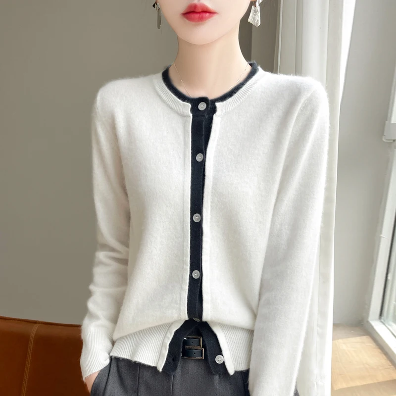 Autumn Winter New Women\'s Coat 100% Wool Round Neck Knitted Cardigan Fashion Fake Two piece Women\'s Clothing Tops Long Sleeve