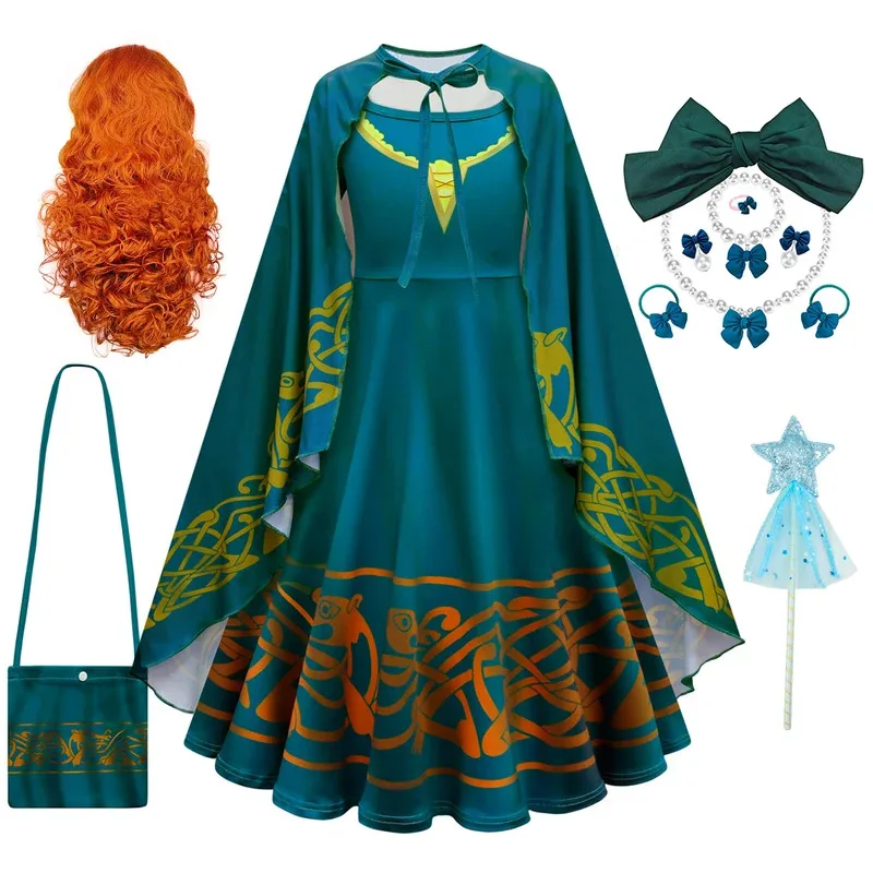 

Girls Merida Princess Cosplay Dress 3D Print Costumes Brave Children Long Sleeves Outfits Kids Carnival Birthday Party Clothing