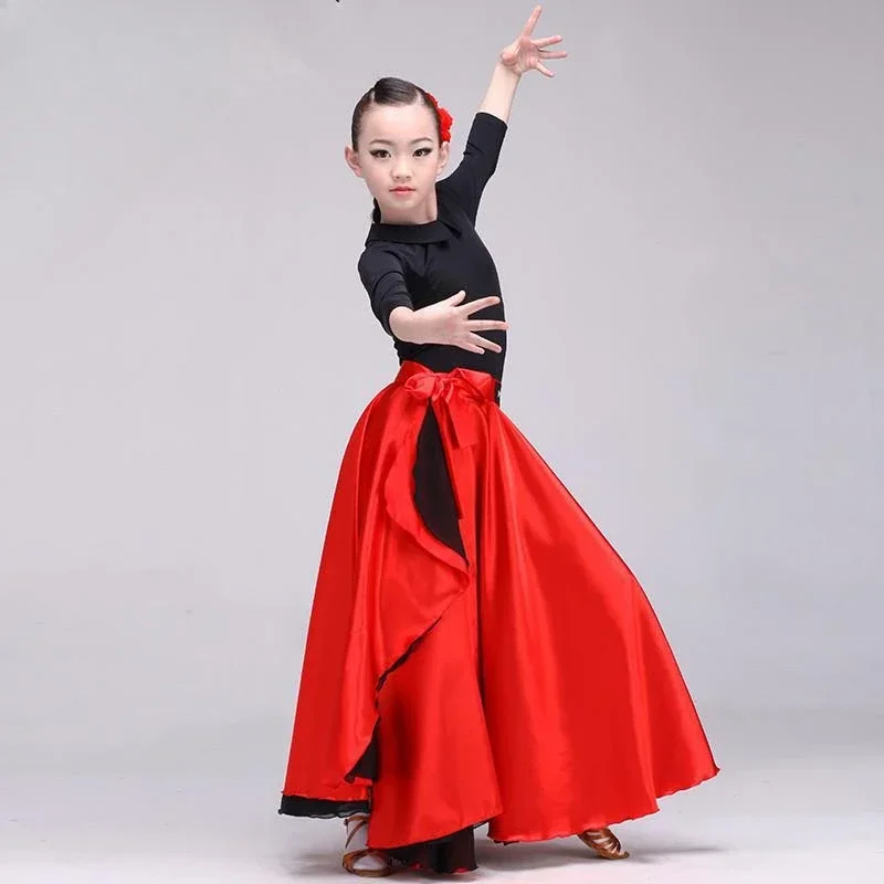Nueva falda roja de baile latino para mujer, falda de baile Pasodoble para mujer, capa de 65-95cm, ropa de competición para actuación, ropa de baile femenina
