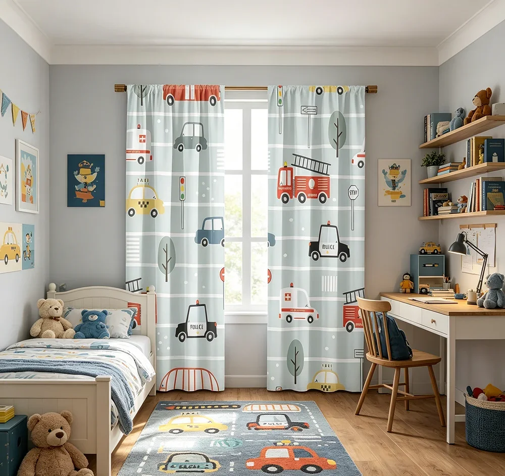2PCS Digital Printed Curtains, Cartoon Car Vehicle Cute Kids Style, Rod Pocket Window Drapes for Living Room Bedroom Decor