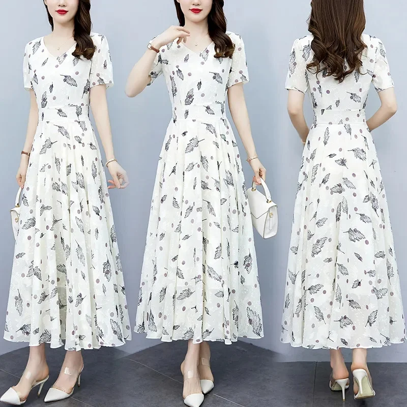 High-end Floral Chiffon Dress Long 2023 Summer New Big Size Fat MM Waist Slimming Belly Cover Skirt