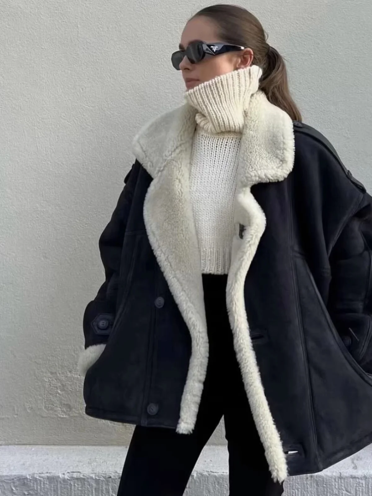 American Retro Street Sle Suede Jaet Loose Lamb Fur Lined Thi Warm Collar Biker Coat Outerwear Women's Winter Faion