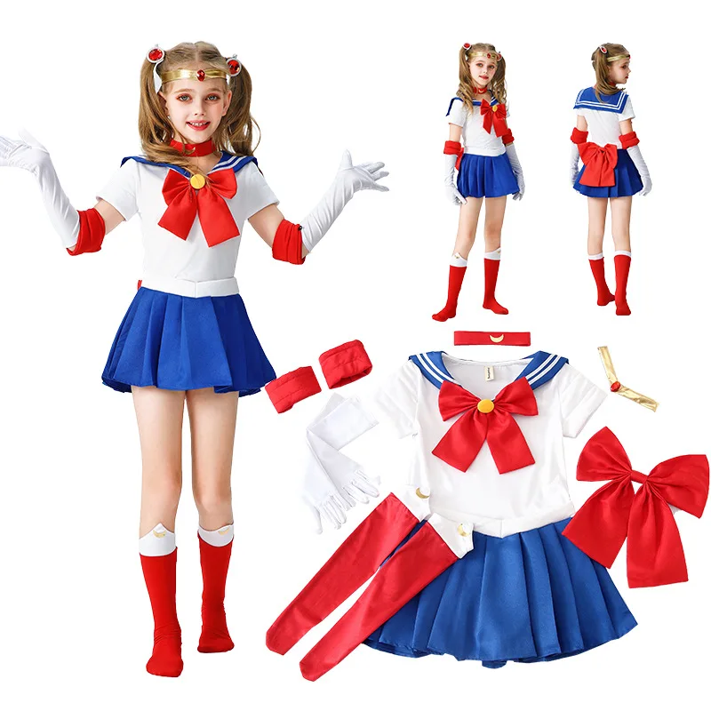 Anime Usagi Tsukino Cosplay Kostüme Sailor Kostüm Mond JK Cos für Mädchen Kurzarm Kleid Kleidung mit Handschuhe Socken