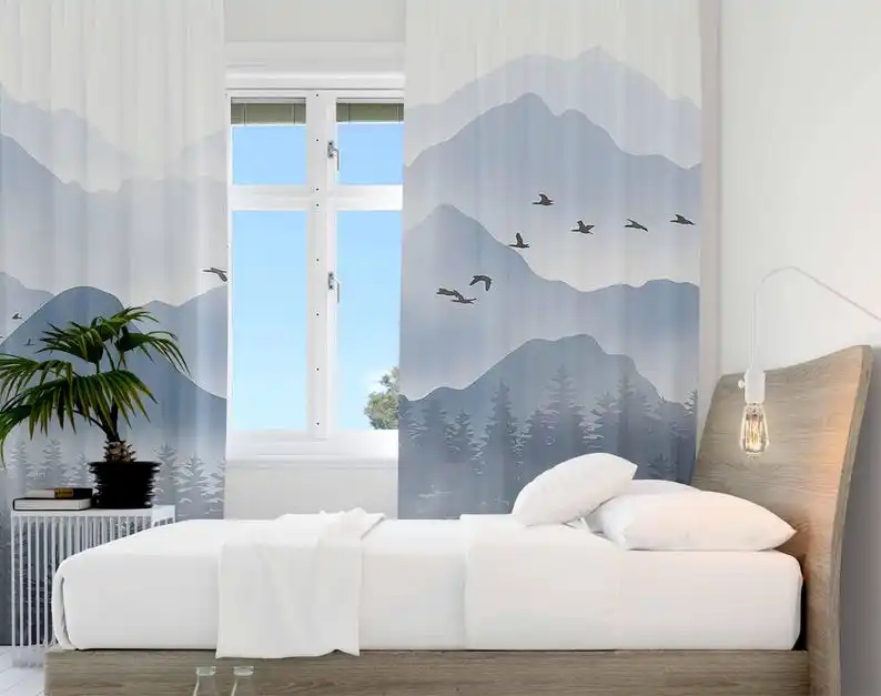 Blue Mountain Forest Curtains Nature Lover Bedroom Curtain Black Hiking Home Decor Curtains Living Room Curtains Gift for Hiker