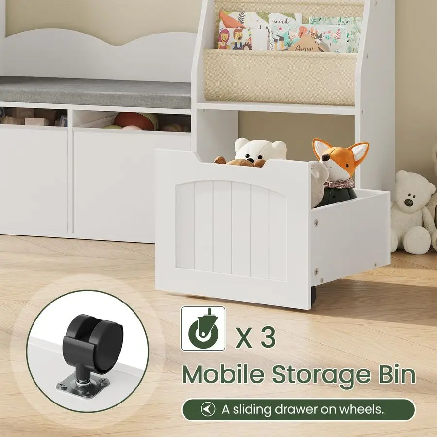 Kids Bookshelf with Reading Nook, 4in1 Childrens Bookcase with Soft Bench, Mobile Drawer amp Fabric Bins, Storage Shelves, Books