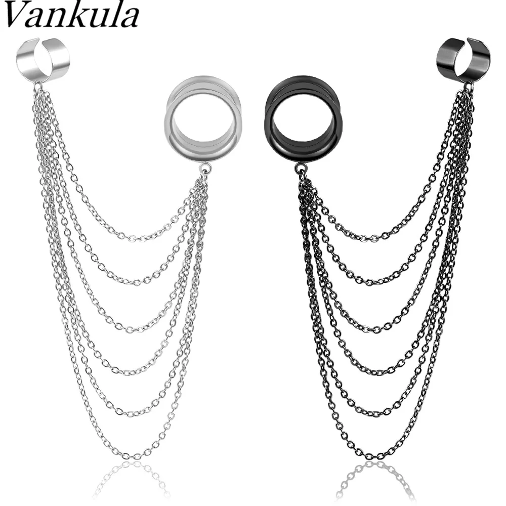 Vankula 2pc Stainless Steel Chain Chips Earrings Ear Tunnels Gauges Body Piercing Jewelry Earring Plugs Expanders Stretchers