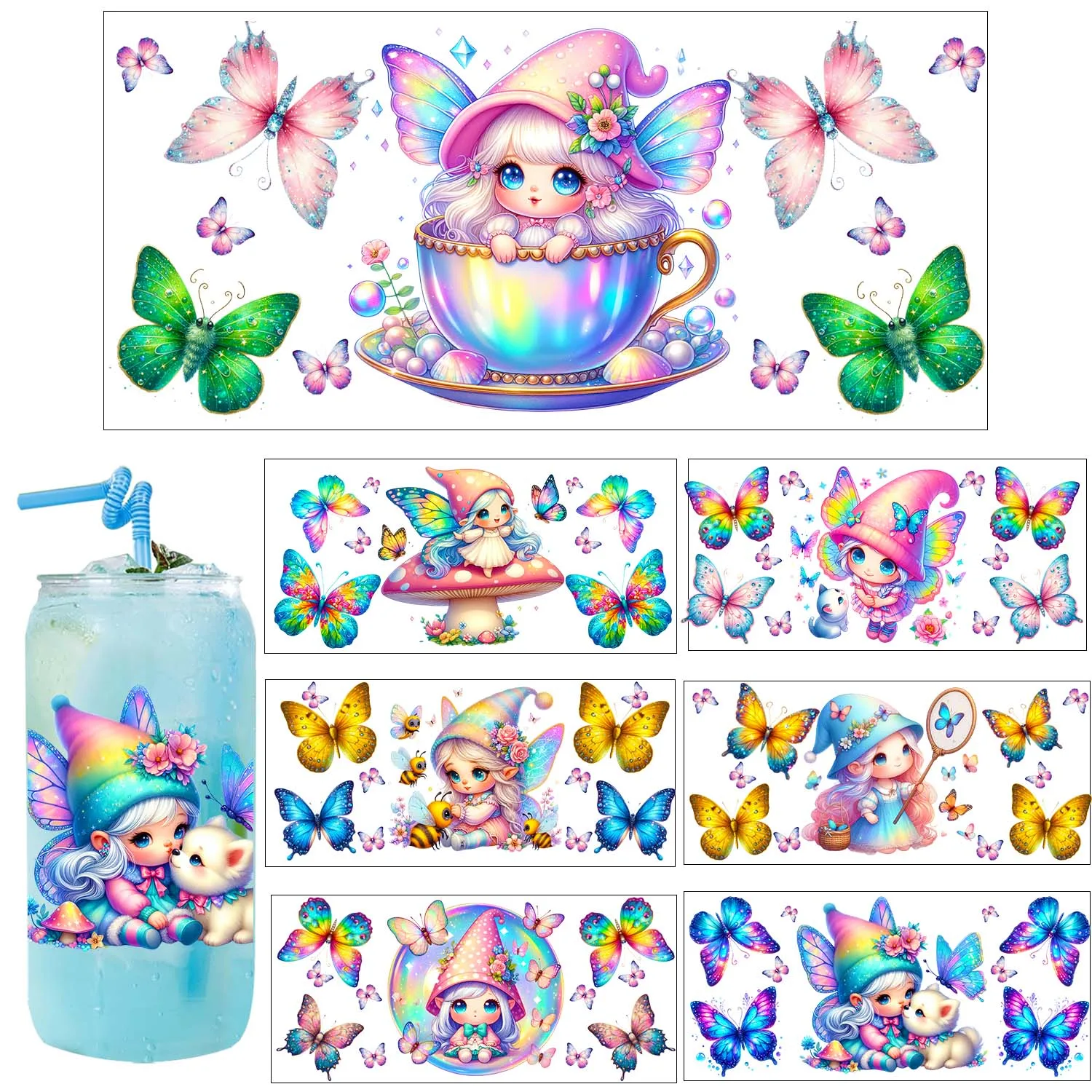 Cute Butterfly Elf Style easy peel waterproof Party DIY Decals 3D transfers uvdtf tumbler seal stickers 16oz uv dtf cup wraps